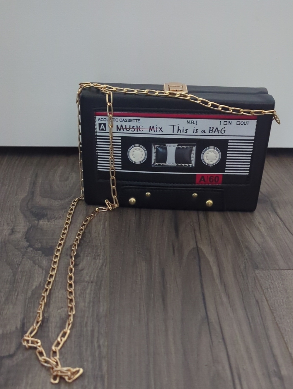 Novelty Cassette Tape Crossbody Bag with Gold Chain 8.5Wx6L Strap 23L